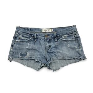 Abercrombie & Fitch Y2K Micro Low Rise blue denim shorts distressed look, size 2